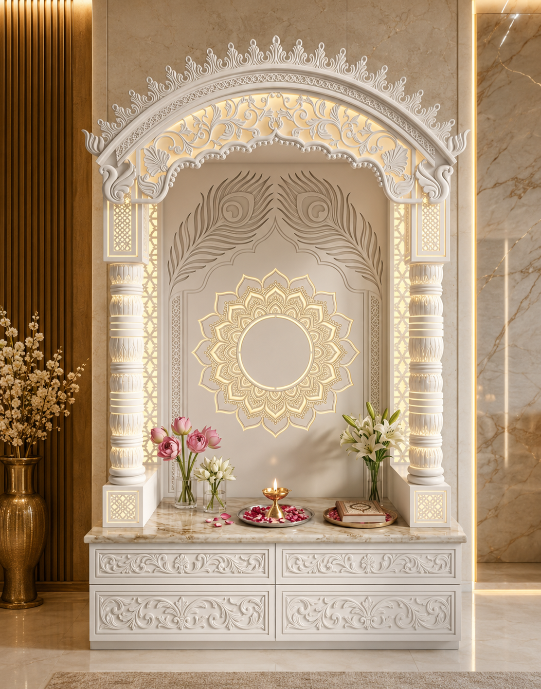 Luxury arch shaped modern round pillar premium Corian mandir 3ft x 7ft x 1.5ft by Satguru Creations Mumbai - Corian temple collection