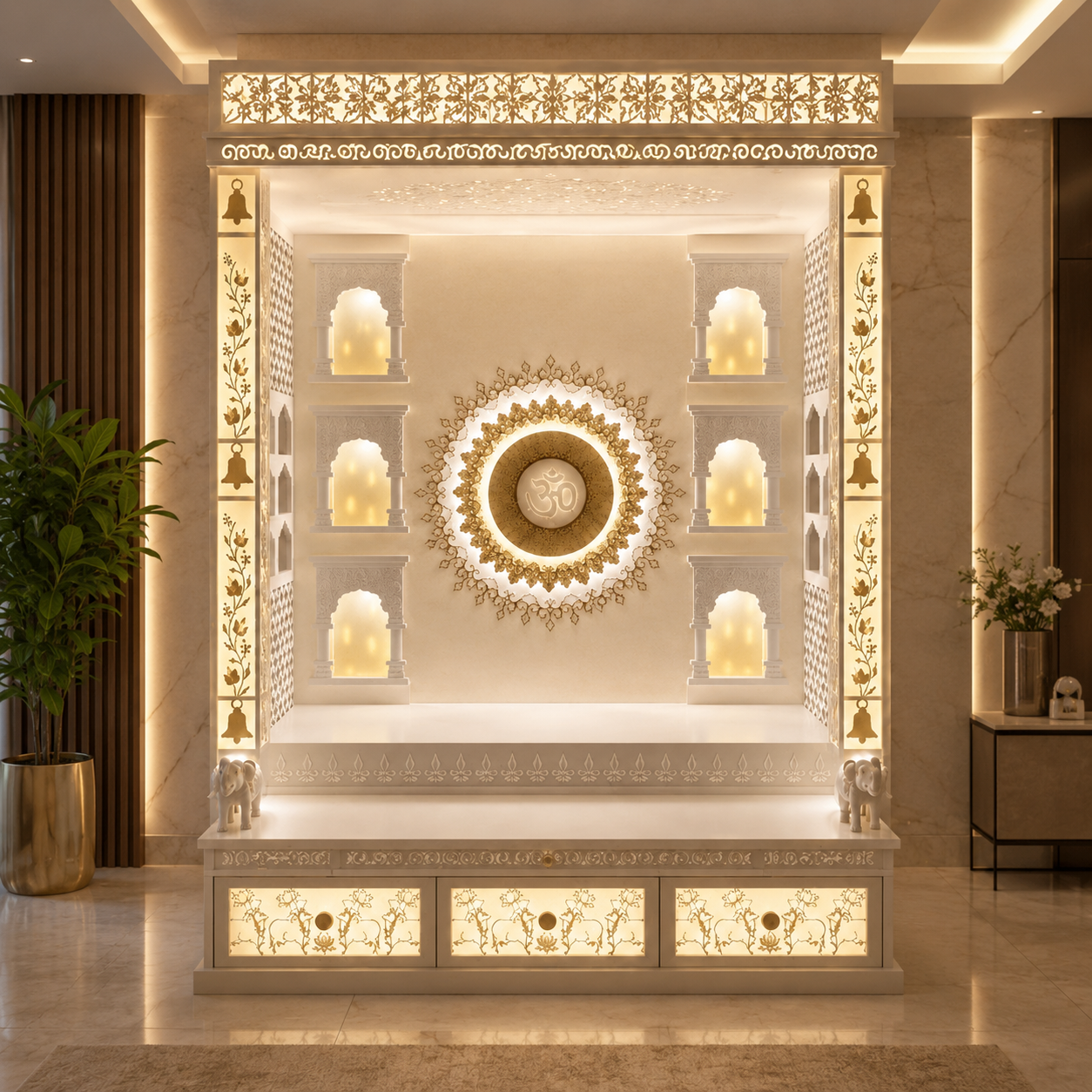 Luxury backlit Corian mandir wall panel with 3D circular Om design, decorative niches and storage by Satguru Creations Mumbai