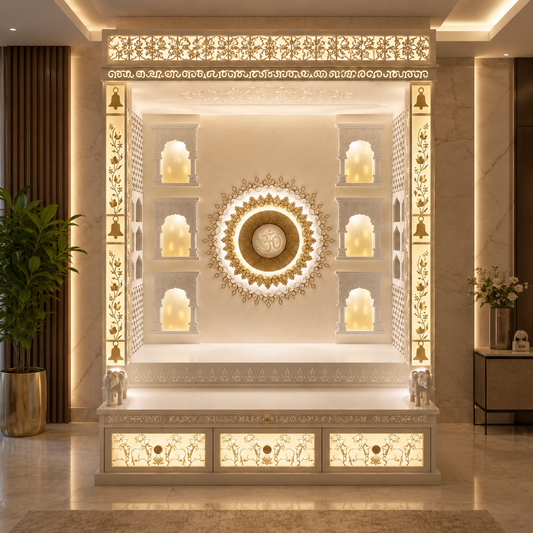 Luxury backlit Corian mandir wall panel with 3D circular Om design, decorative niches and storage by Satguru Creations Mumbai