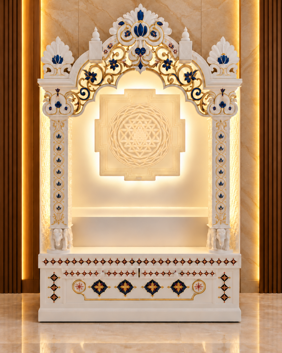 Digital front design visualisation of a white mandir with a blue-and-gold arch and pillars, elephant bases and a backlit geometric panel in a styled room.