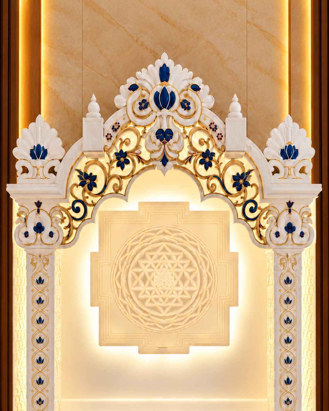 Digital design visualisation detail of the mandir arch, showing blue floral motifs, gold scrollwork and small maroon accents against white.