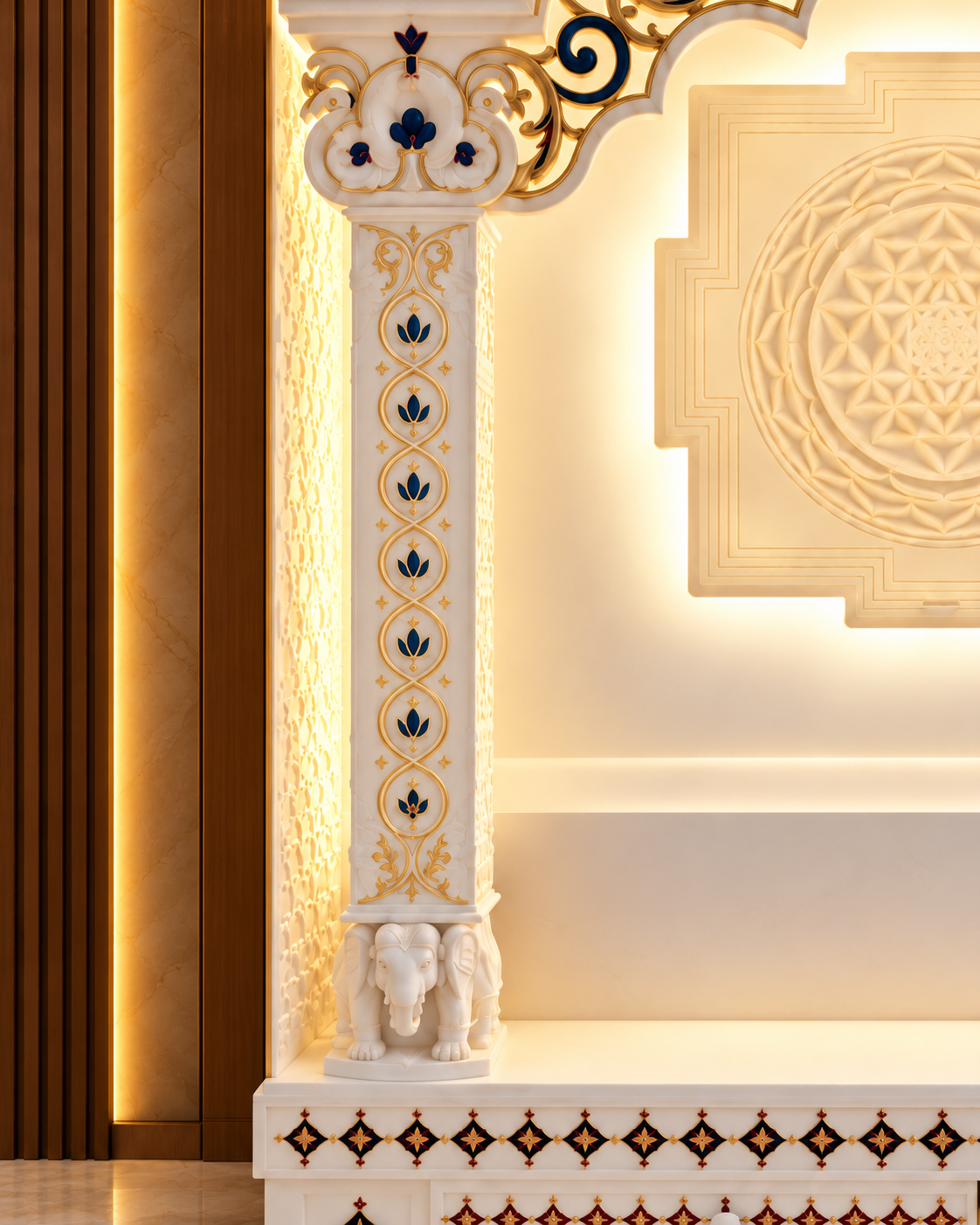 Digital design visualisation detail of a white mandir pillar with repeating blue-and-gold motifs and an elephant figure at its base.