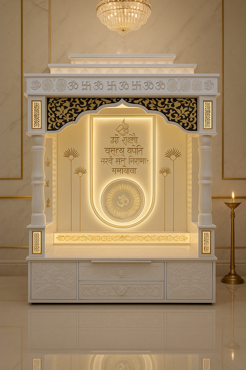 Luxury Large Corian Temple Round Pillars Golden Inlay — Luxury Indian Home Interior — Satguru Creations