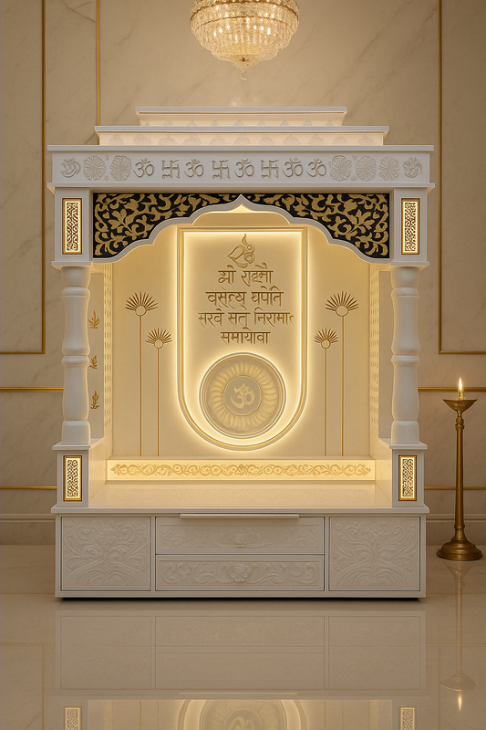 Luxury Large Corian Temple Round Pillars Golden Inlay — Luxury Indian Home Interior — Satguru Creations