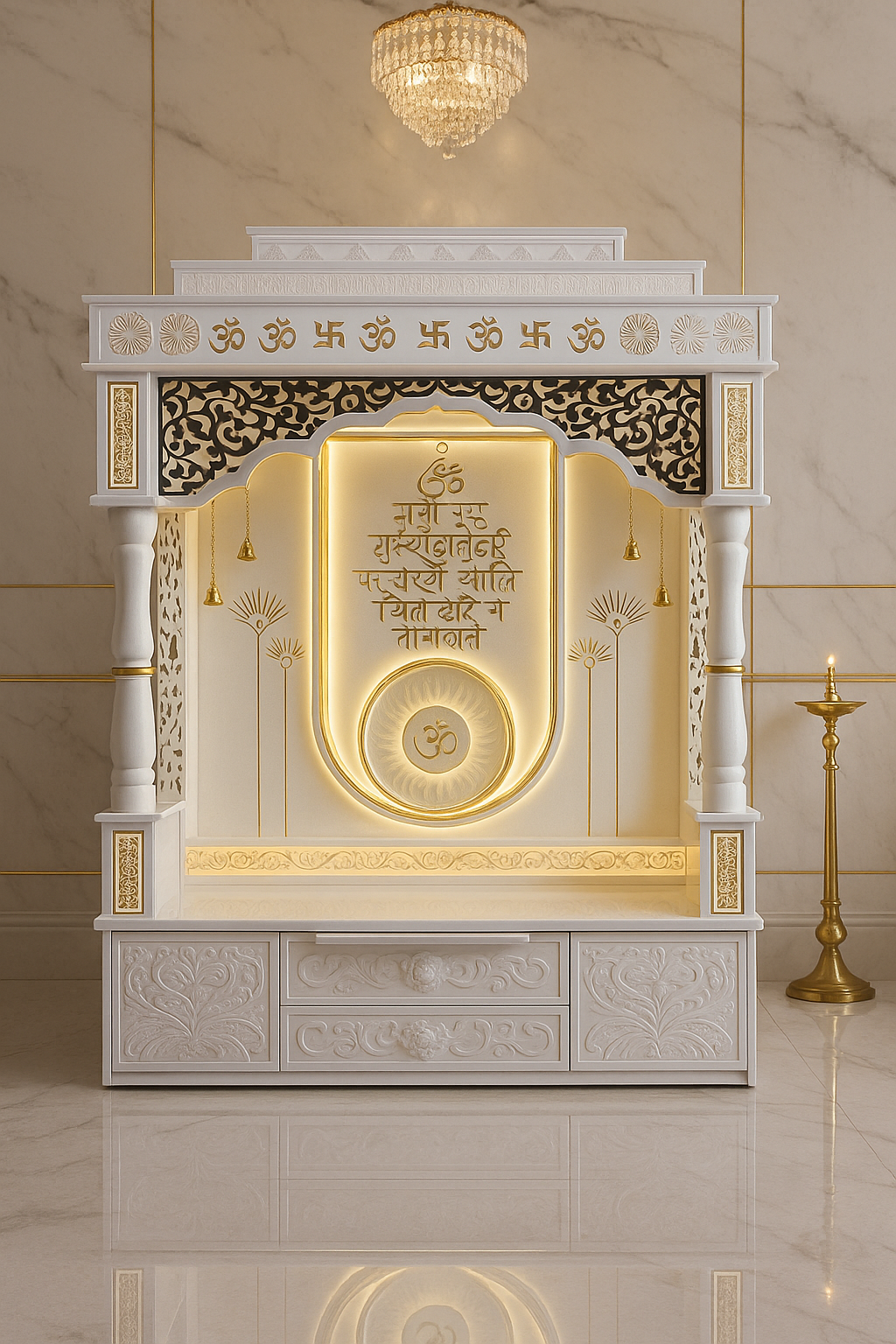 Luxury Large Corian Temple Round Pillars Golden Inlay — Luxury Indian Home Interior — Satguru Creations