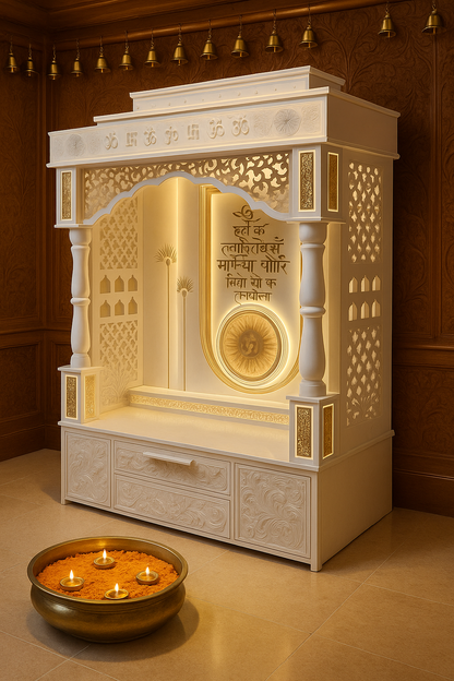 Luxury Large Corian Temple Round Pillars Golden Inlay — Luxury Indian Home Interior — Satguru Creations