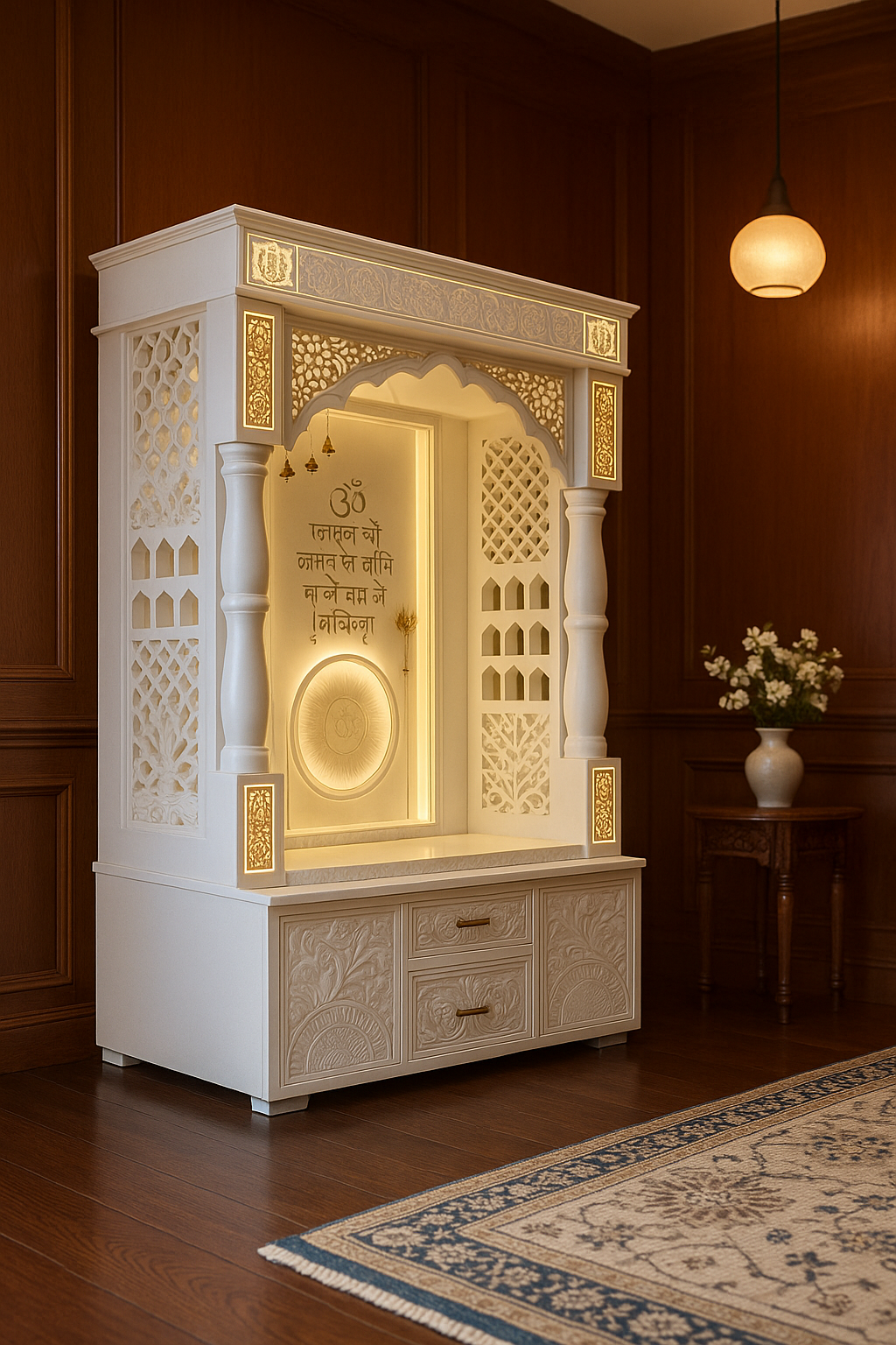 Luxury Large Corian Temple Round Pillars Golden Inlay — Luxury Indian Home Interior — Satguru Creations