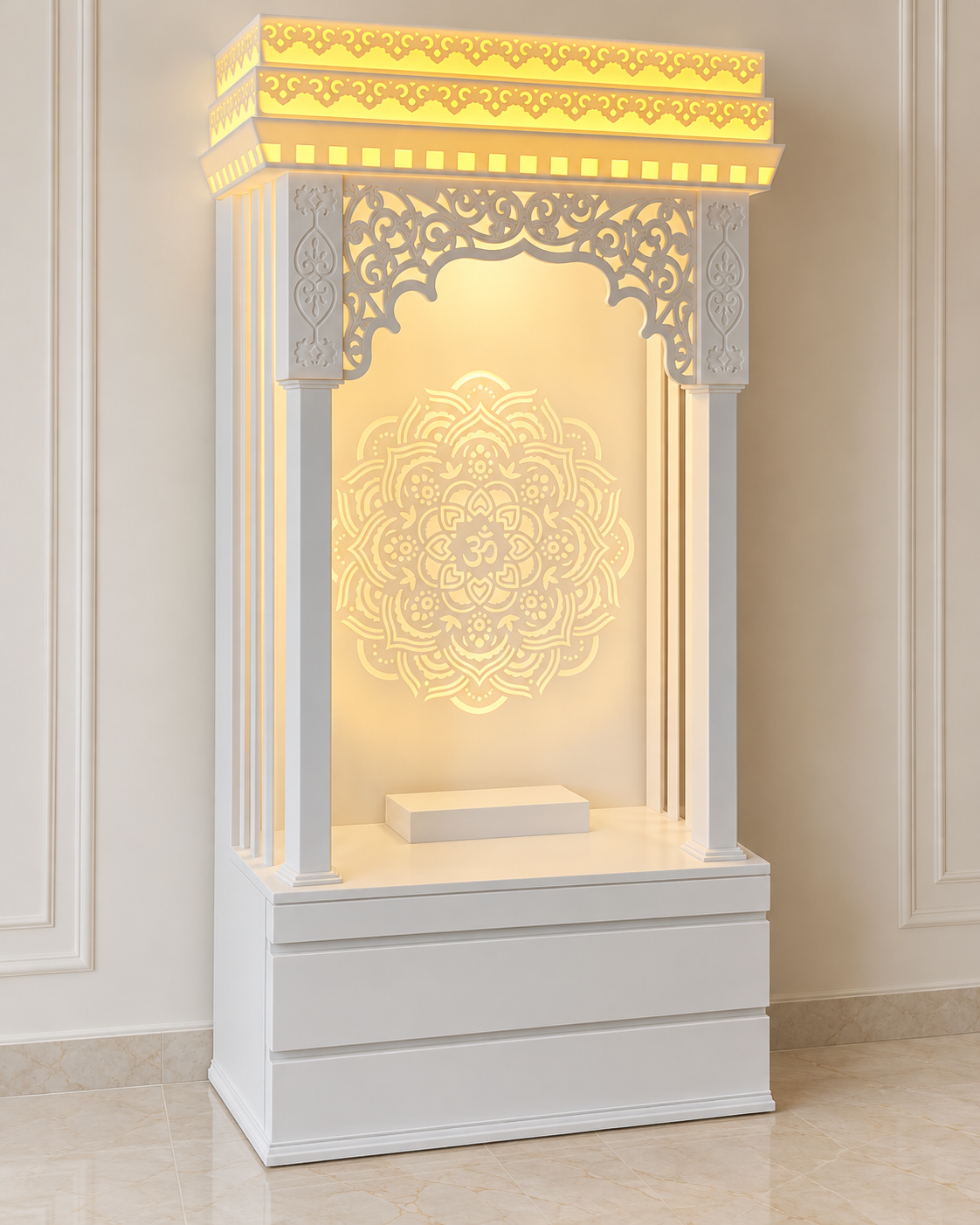 Luxury 3 ft by 6 ft floor-sitting white Corian mandir with warm backlit floral jali and Om mandala