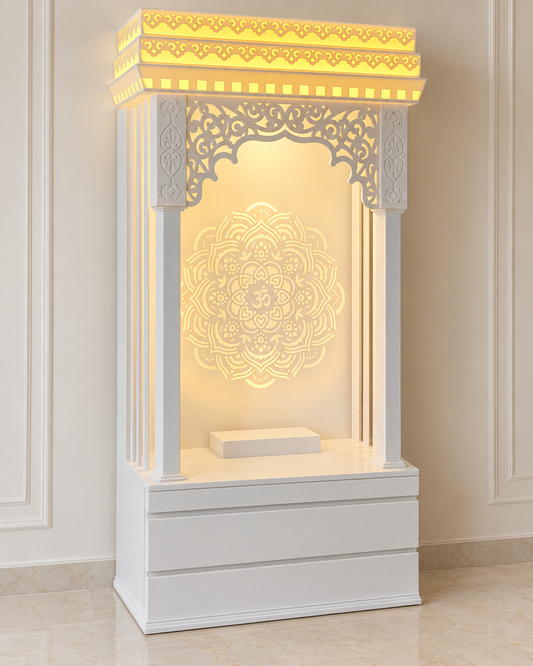 Luxury 3 ft by 6 ft floor-sitting white Corian mandir with warm backlit floral jali and Om mandala