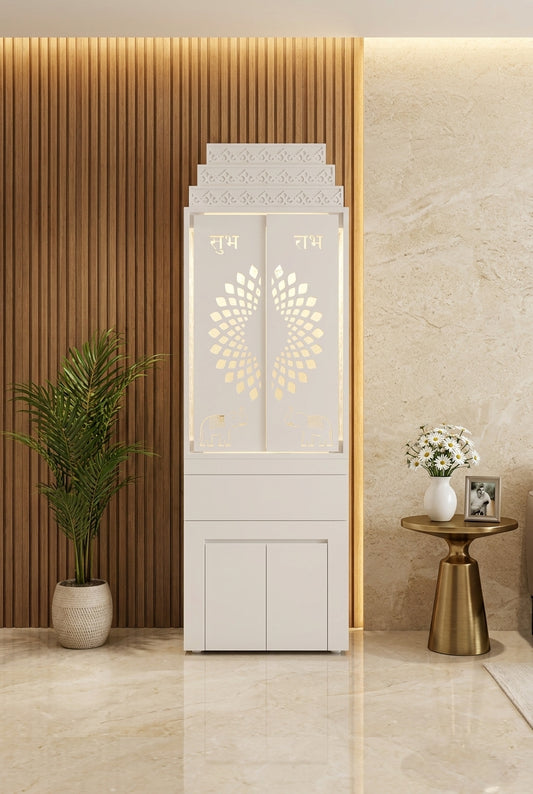 Corian Pooja Mandir for Home — Family Classic with Storage — Luxury Home Interior — Satguru Creations