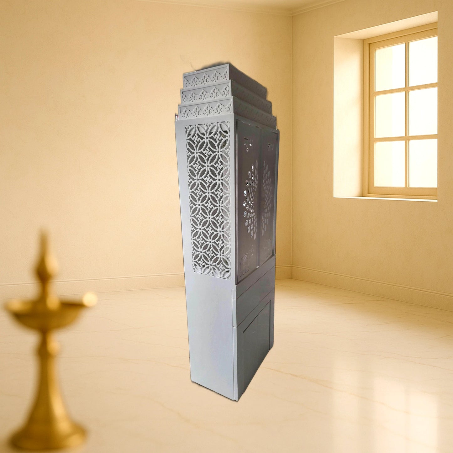 Custom Corian Pooja Mandir for Home — Family Classic with Storage | Corian Solid Surface Mandir | Satguru Creations