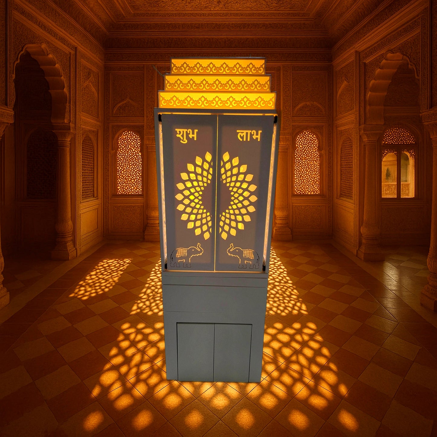 Corian Pooja Mandir for Home — Family Classic with Storage | Custom Corian Mandir for Home | Luxury Solid Surface
