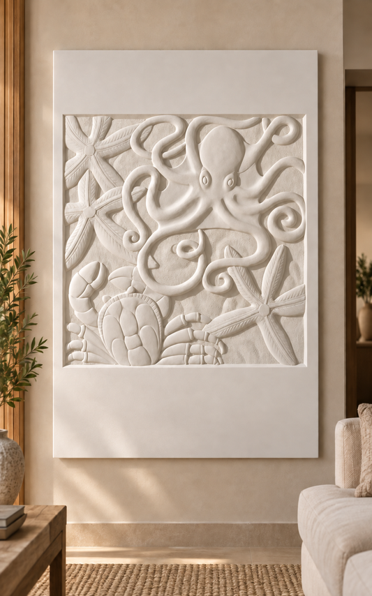 Marine Tide Relief Corian wall panel, front view in a Bandra apartment family lounge; satin white relief concept.