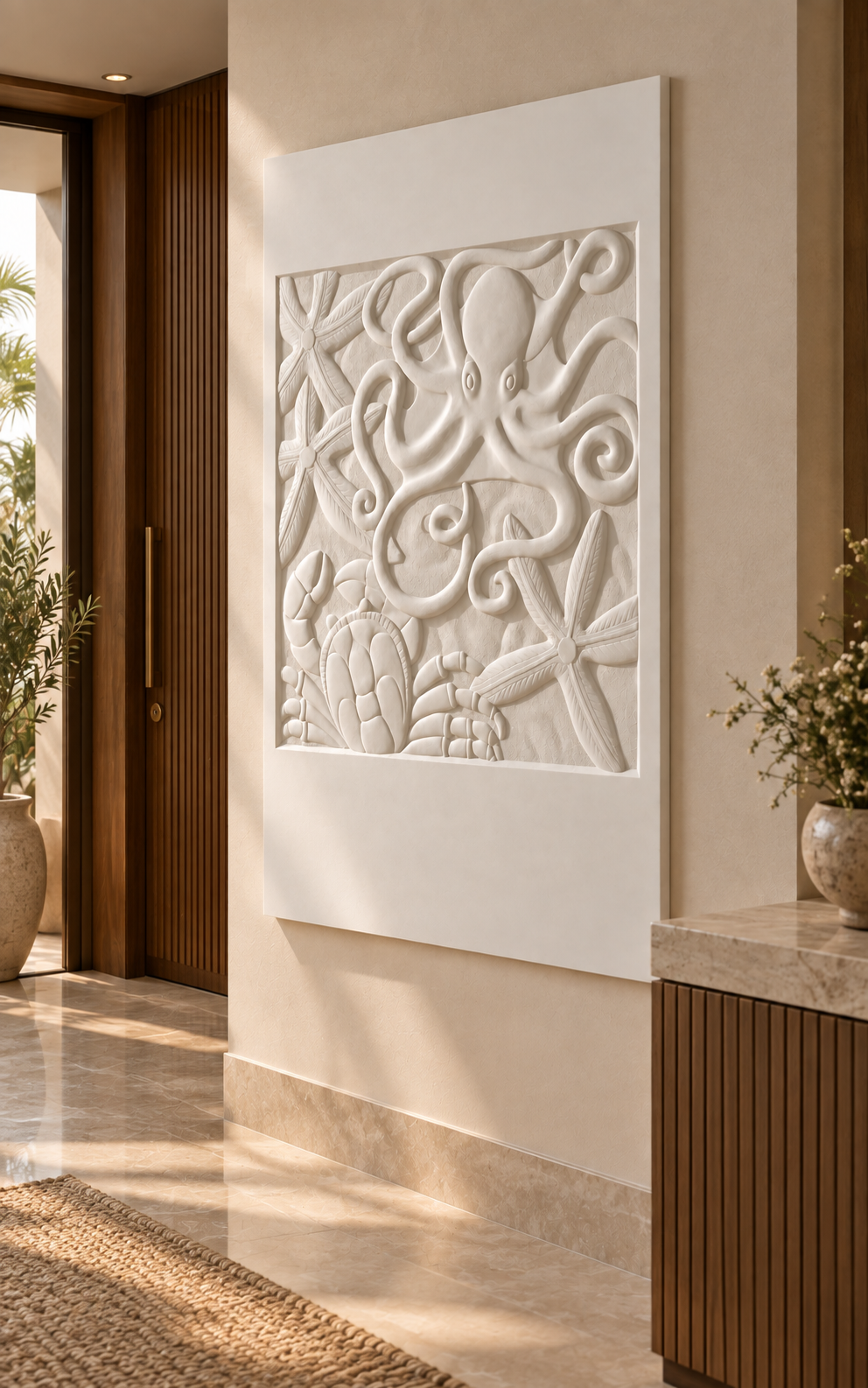 Marine Tide Relief Corian wall panel, right view in a Bandra apartment entrance lobby; satin white relief concept.