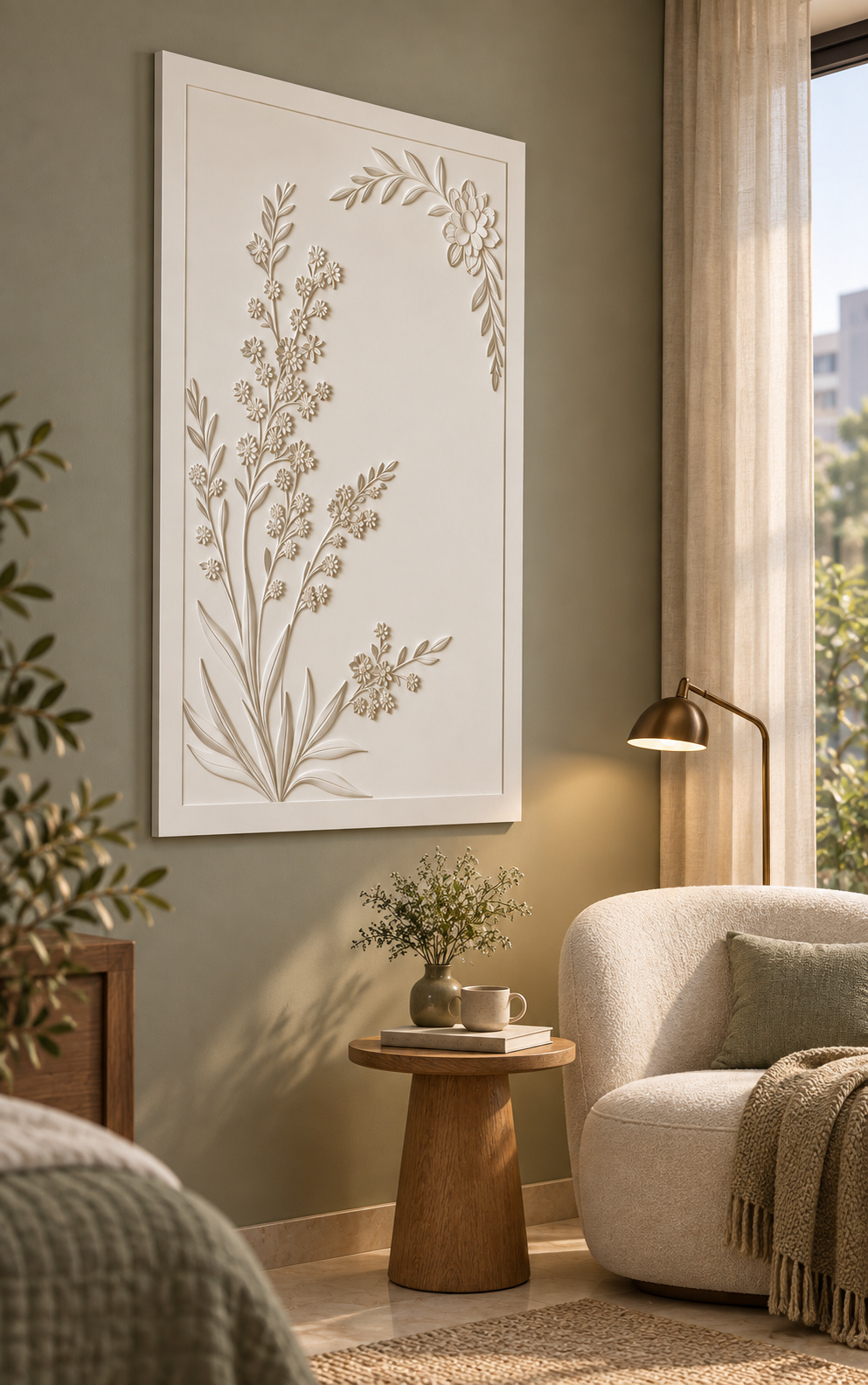 Meadow Corner Sprays Corian wall panel, left view in a Mumbai bedroom reading corner; AI-assisted concept visualisation