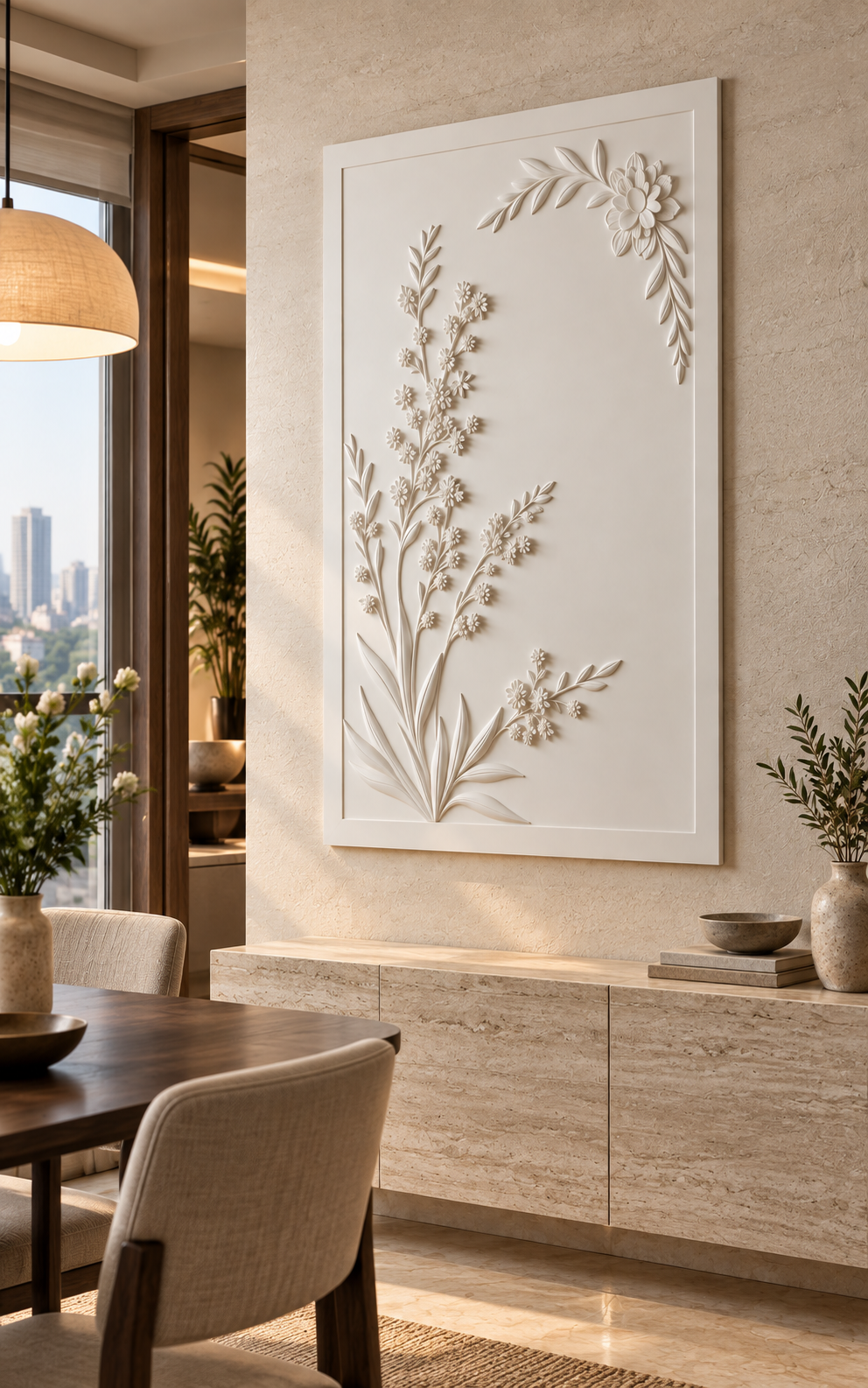 Meadow Corner Sprays Corian wall panel, right view in a Mumbai dining room accent wall; AI-assisted concept visualisation