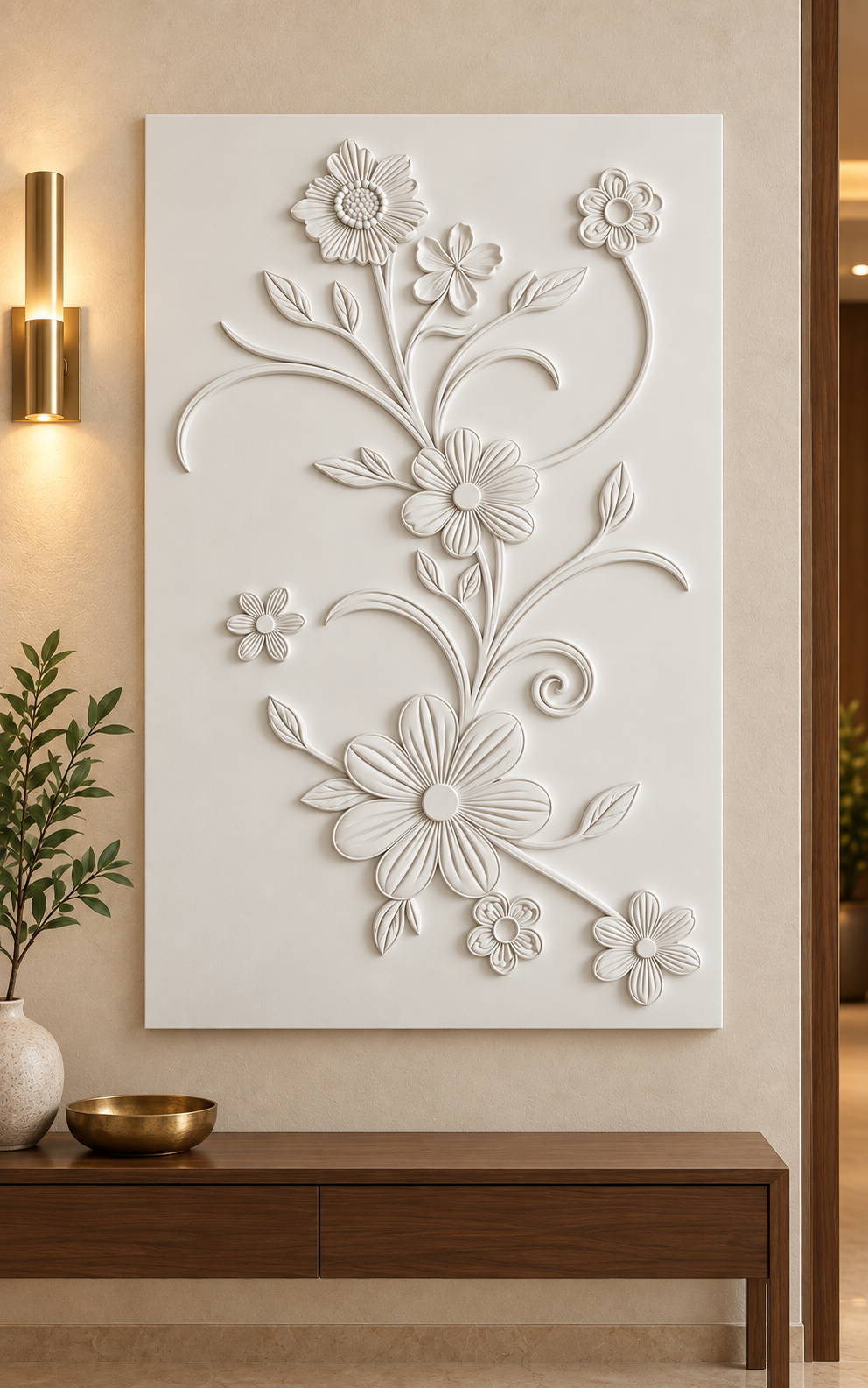 Meadow Flower Arabesque Corian wall panel, front view in a Mumbai entrance foyer; AI-assisted concept visualisation