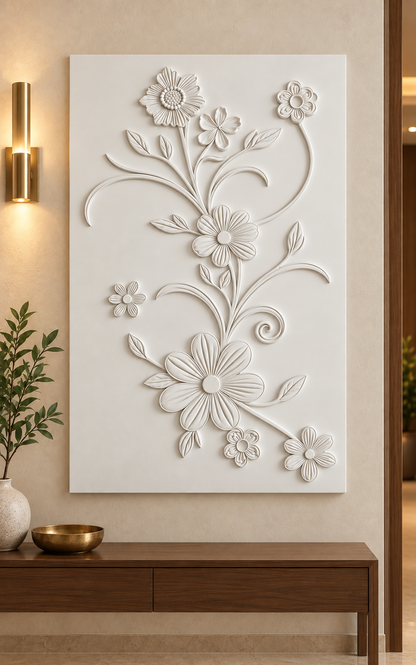 Meadow Flower Arabesque Corian wall panel, front view in a Mumbai entrance foyer; AI-assisted concept visualisation