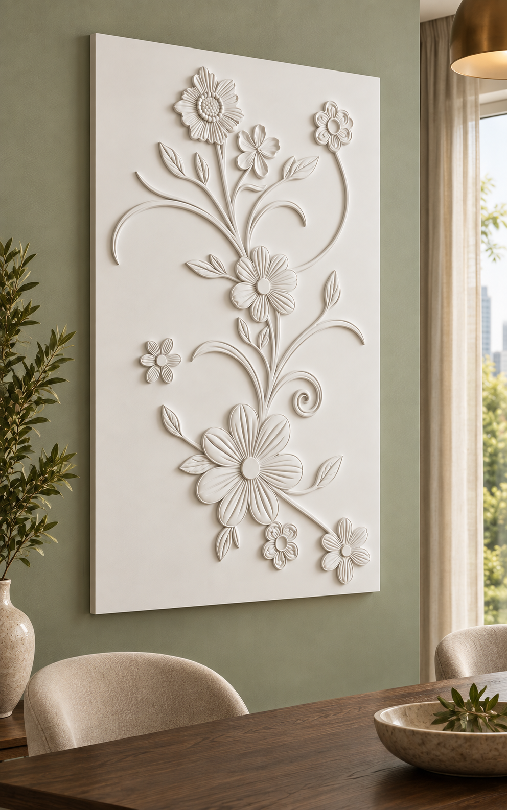 Meadow Flower Arabesque Corian wall panel, left view in a Mumbai dining room accent wall; AI-assisted concept visualisation
