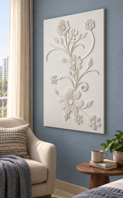 Meadow Flower Arabesque Corian wall panel, right view in a Mumbai bedroom reading corner; AI-assisted concept visualisation