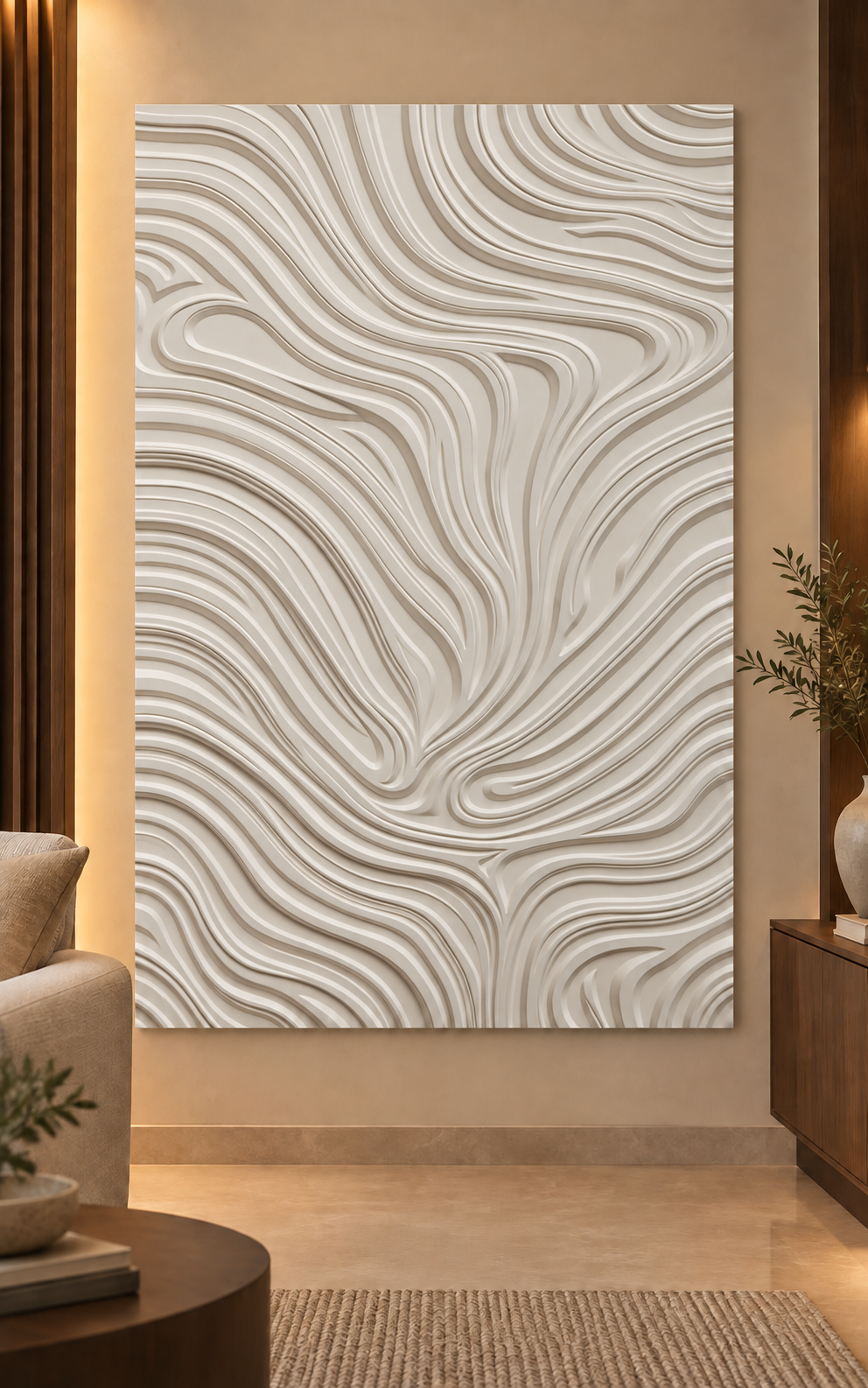 Meandering Contour Weave Corian wall panel, front view in a Mumbai modern living room; AI-assisted concept visualisation
