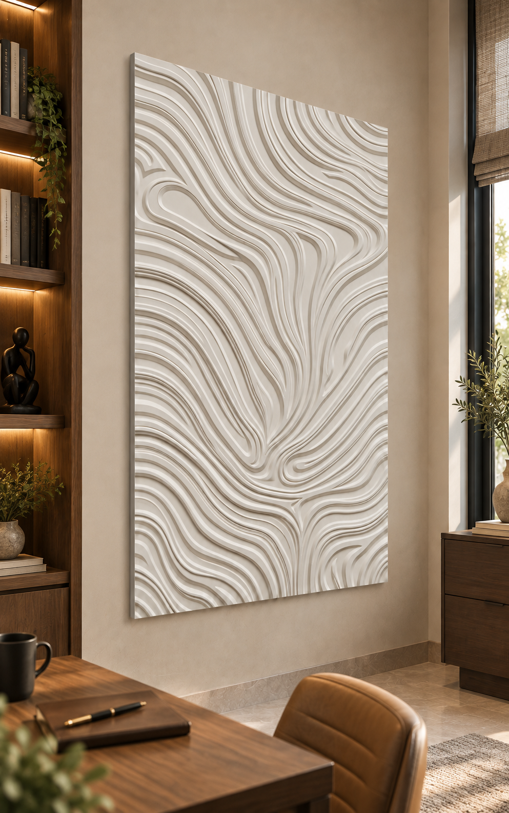 Meandering Contour Weave Corian wall panel, left view in a Mumbai home study; AI-assisted concept visualisation