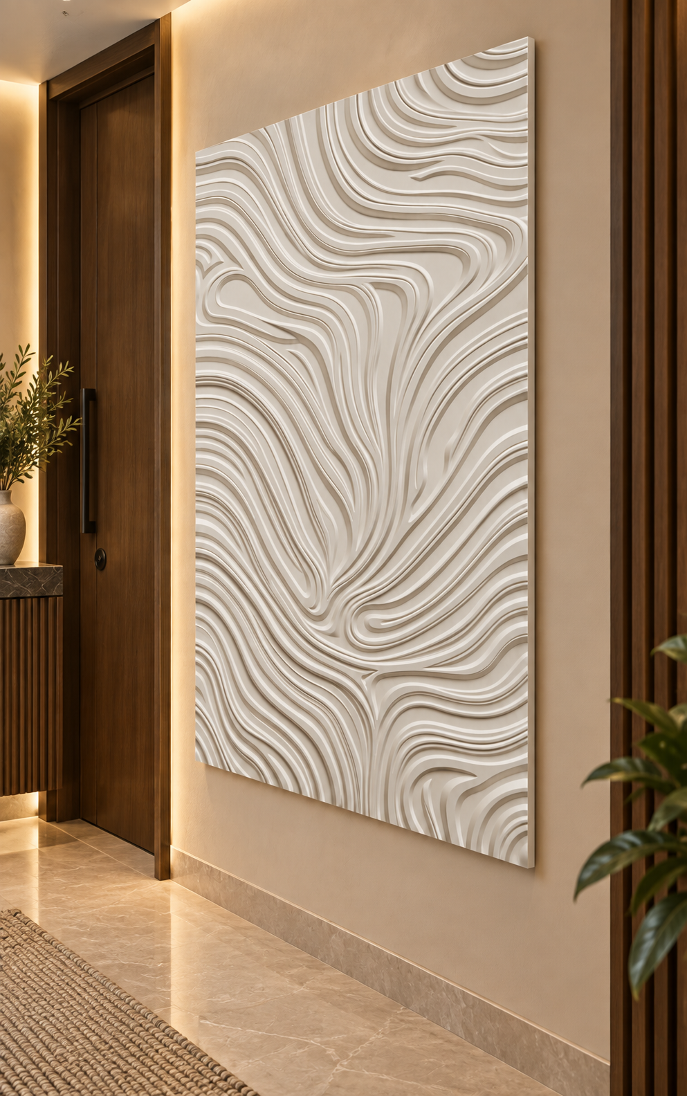 Meandering Contour Weave Corian wall panel, right view in a Mumbai entrance passage; AI-assisted concept visualisation