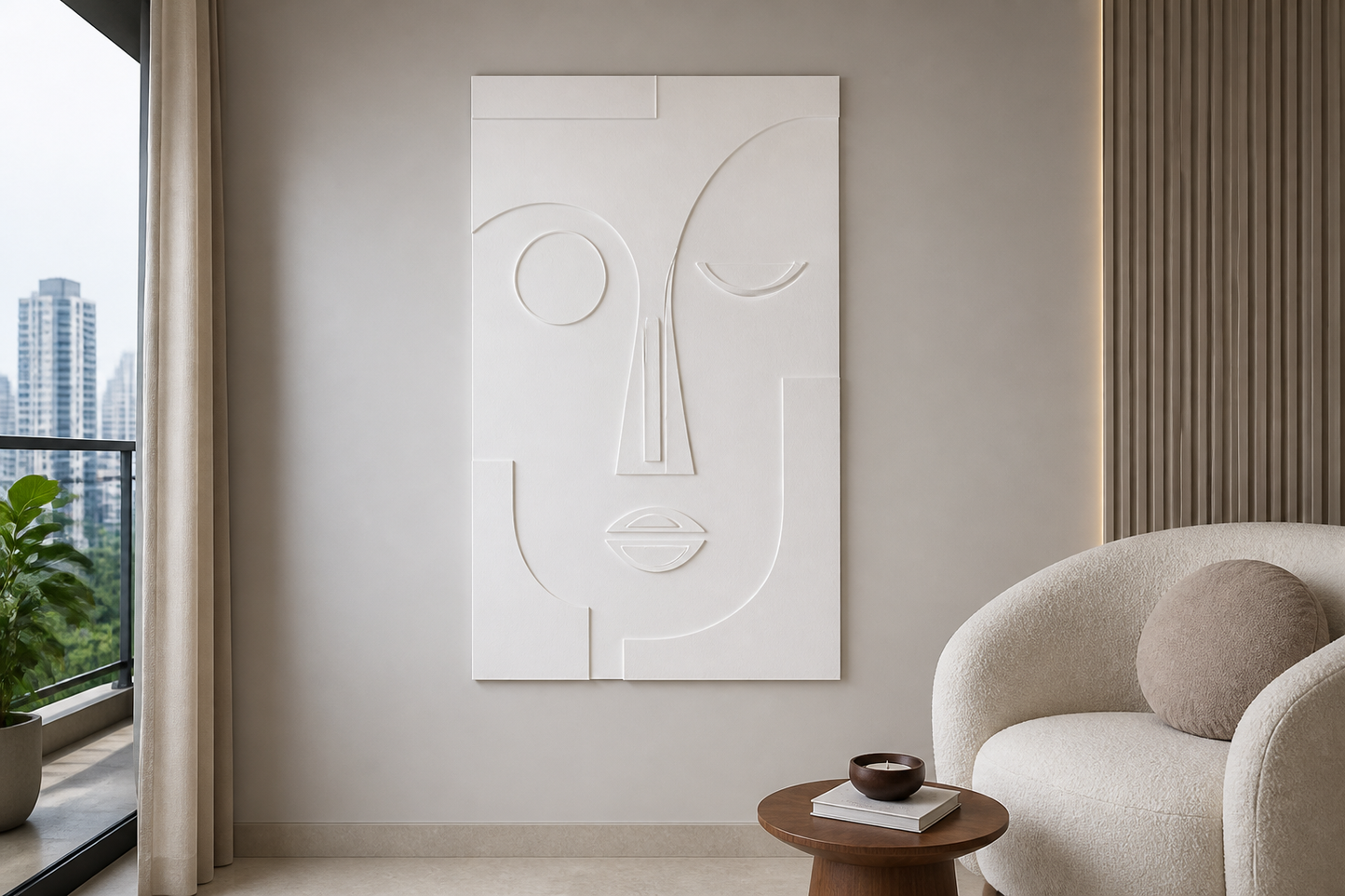 Minimal Muse white Corian wall panel, front view in a Mumbai home interior visualisation
