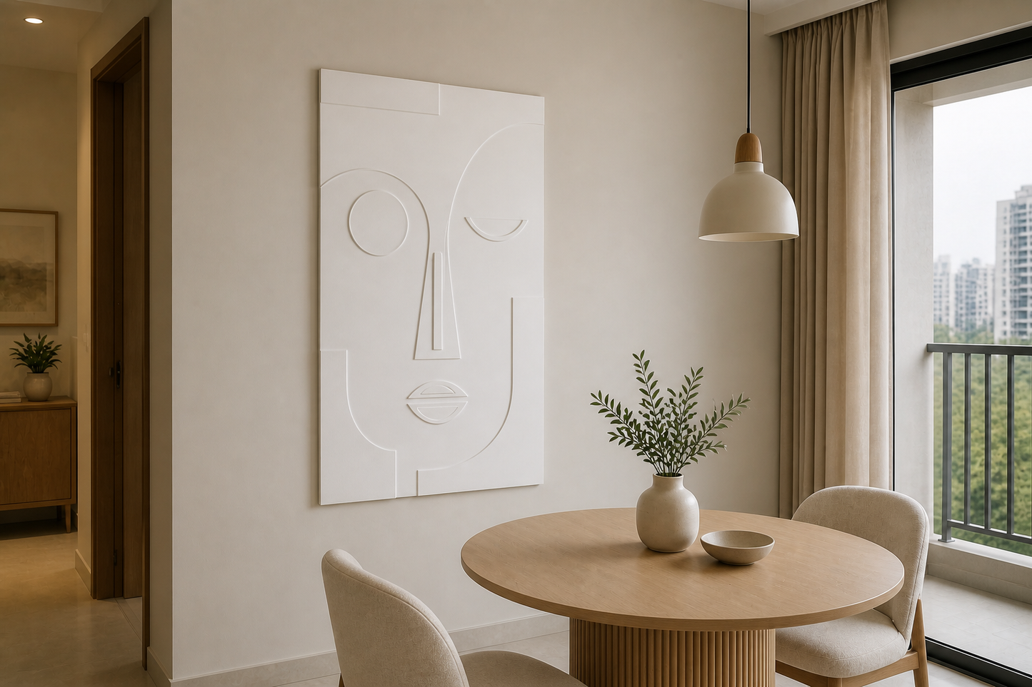 Minimal Muse white Corian wall panel, left angle view in a Mumbai home interior visualisation