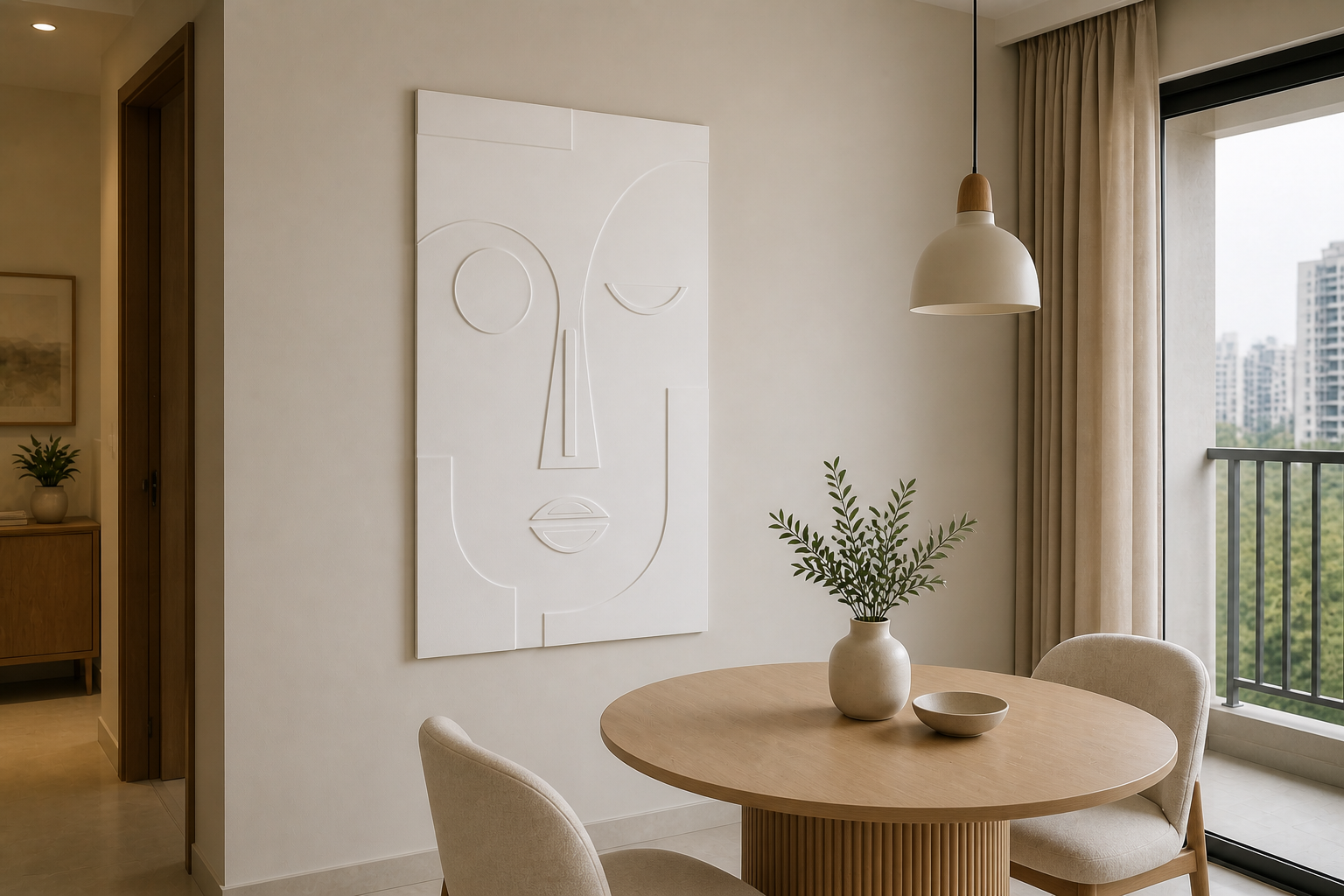 Minimal Muse white Corian wall panel, left angle view in a Mumbai home interior visualisation