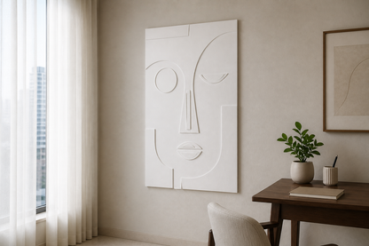Minimal Muse white Corian wall panel, right angle view in a Mumbai home interior visualisation
