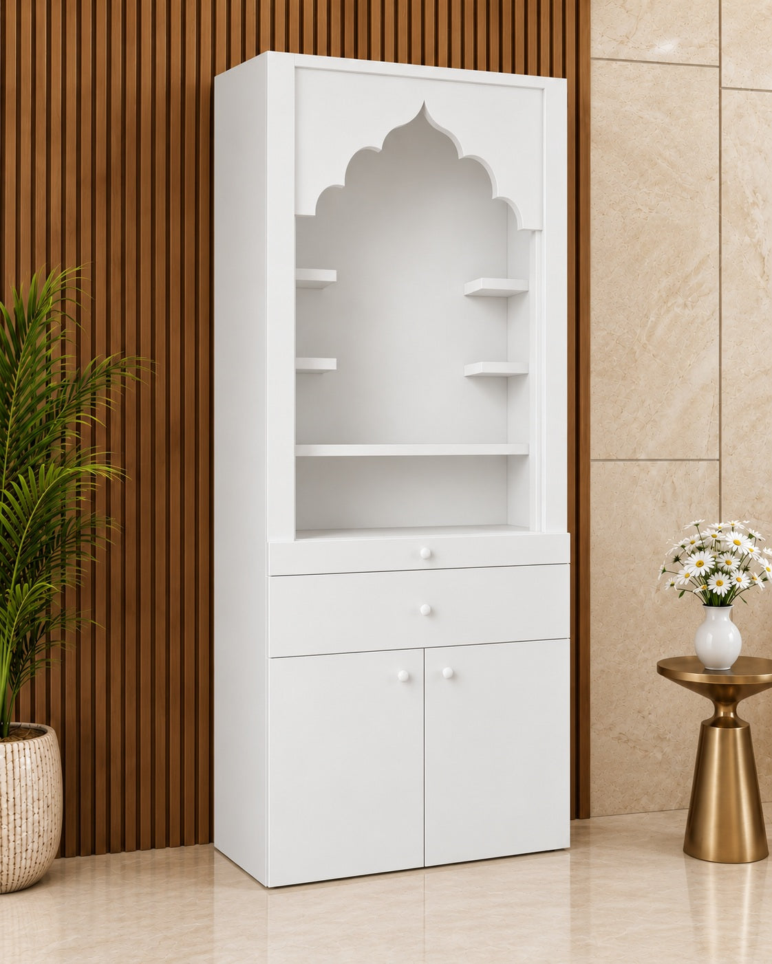 Front-left styled view of the minimalist Corian mandir, showing plain left side, open arch, shelves and lower storage.
