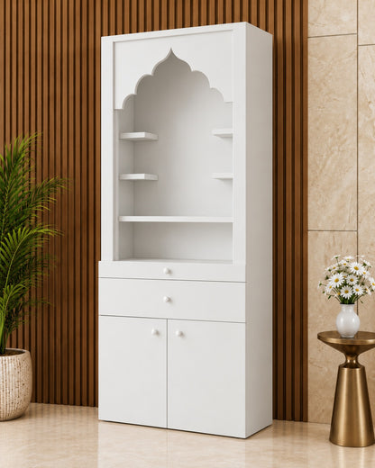 Front-right styled view of the minimalist Corian mandir, showing plain right side, shelves, drawers and lower cupboard.