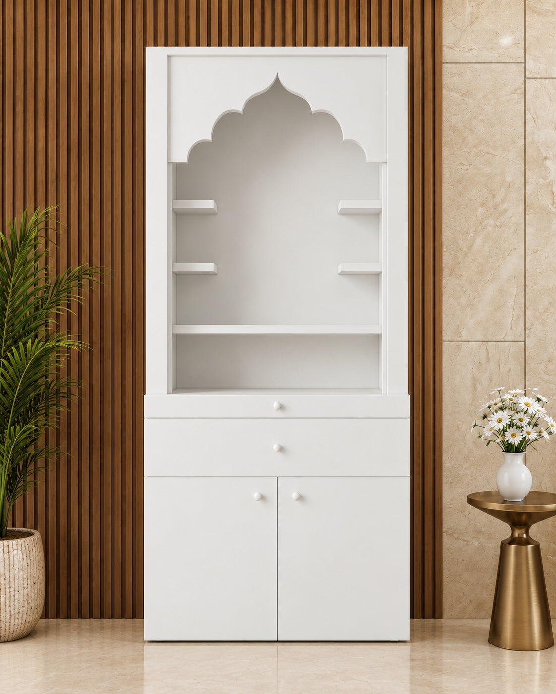 Front view of the minimalist white Corian mandir with arch, side shelves and storage, in a wood-and-stone interior. Styled visualization.