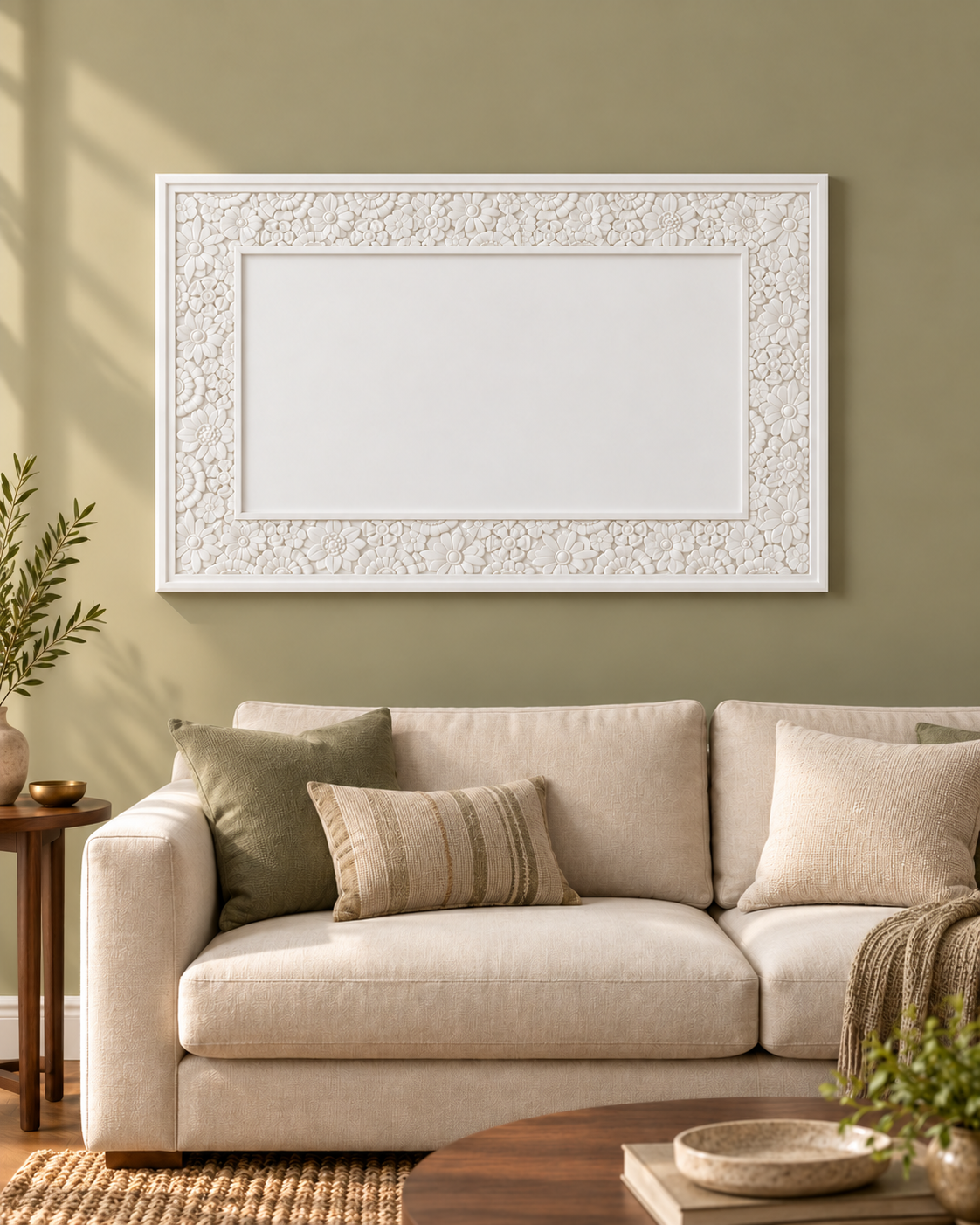 Front view of the white Mixed Blossom Border Corian Wall Panel with a solid inset centre in a Mumbai olive-wall living room