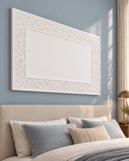 Left-angle view of the white Mixed Blossom Border Corian Wall Panel with a solid inset centre in a Mumbai blue-grey bedroom