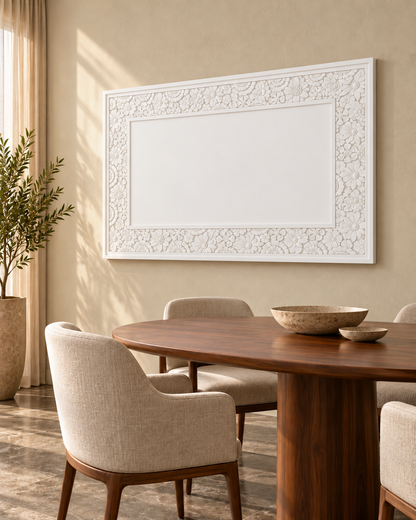 Right-angle view of the white Mixed Blossom Border Corian Wall Panel with a solid inset centre in a Mumbai dining area