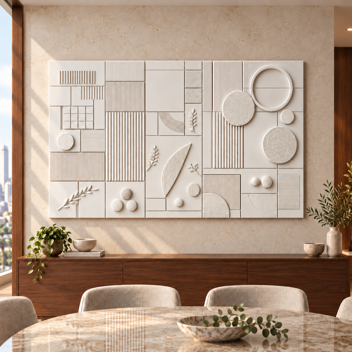 Modern Geometry Grid Corian Wall Panel CWP-630, front view in a Mumbai home setting; AI-assisted concept