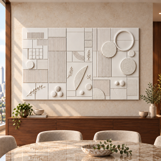 Modern Geometry Grid Corian Wall Panel CWP-630, front view in a Mumbai home setting; AI-assisted concept