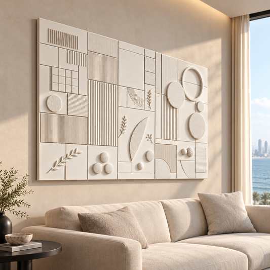 Modern Geometry Grid Corian Wall Panel CWP-630, left view in a Mumbai home setting; AI-assisted concept