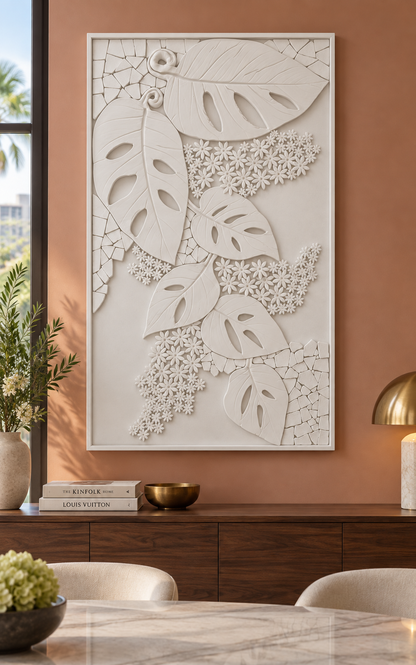 Monstera Mosaic Cascade satin white Corian wall panel front view in luxury Juhu Mumbai dining room with a pale terracotta wall and walnut sideboard