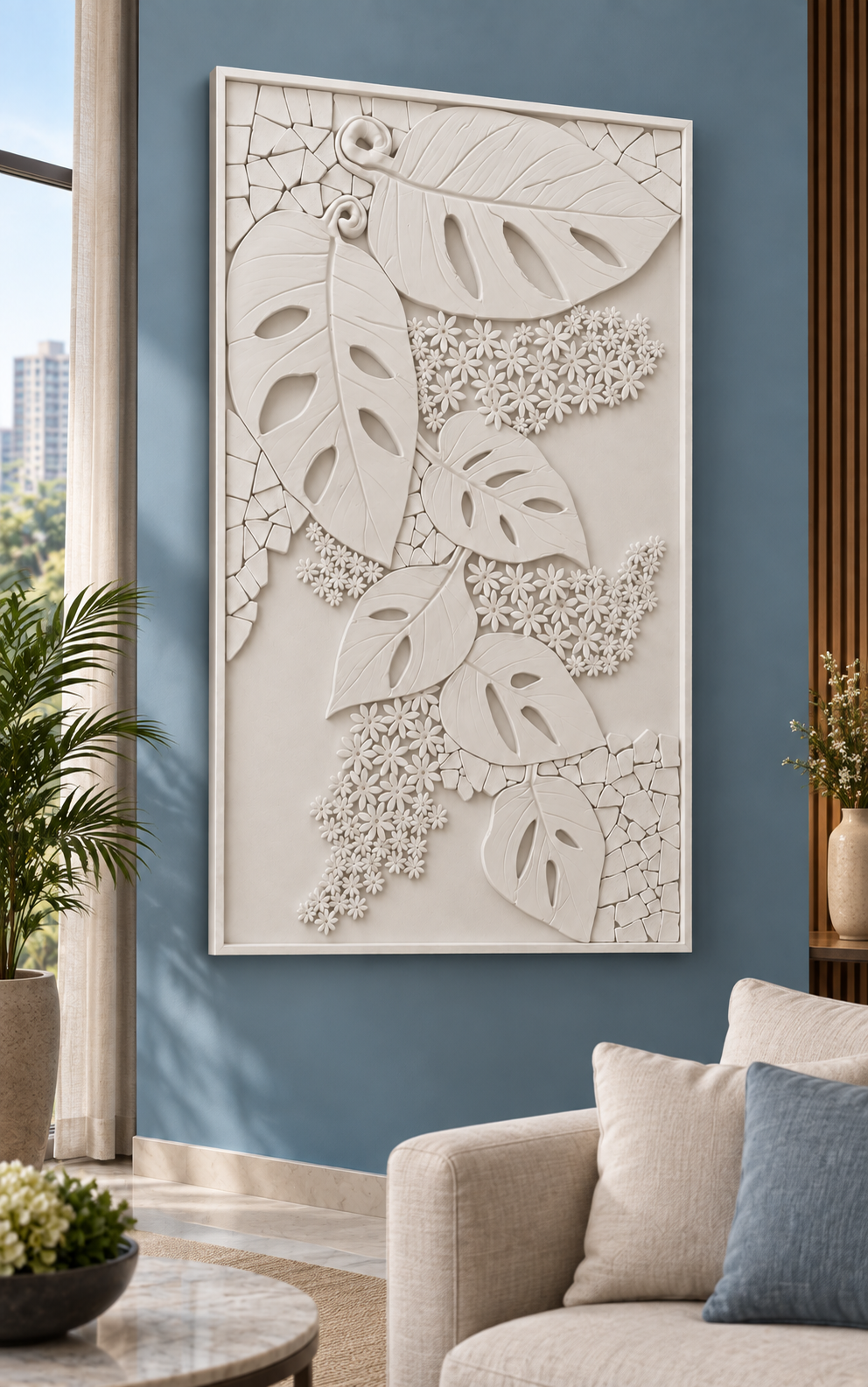 Monstera Mosaic Cascade satin white Corian wall panel left view in luxury Mulund Mumbai family lounge with a muted blue wall and linen sofa
