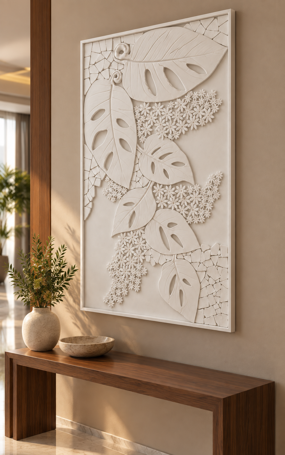 Monstera Mosaic Cascade satin white Corian wall panel right view in luxury Matunga Mumbai foyer with a warm greige wall and narrow teak console