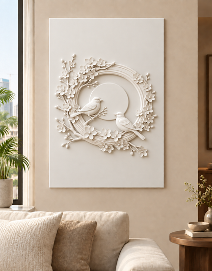 Moonlit Bird Blossom Ring Corian wall panel, front view in a Bandra living room, with shallow satin white relief