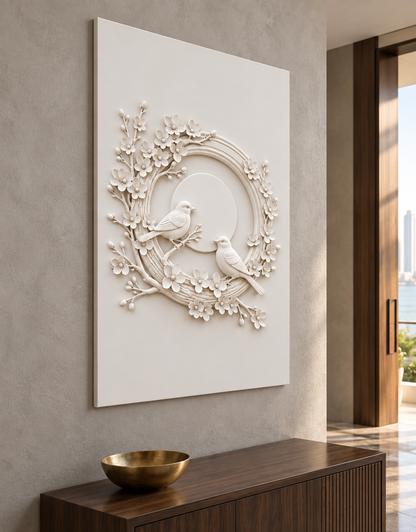 Moonlit Bird Blossom Ring Corian wall panel, left view in a Worli entrance foyer, with shallow satin white relief