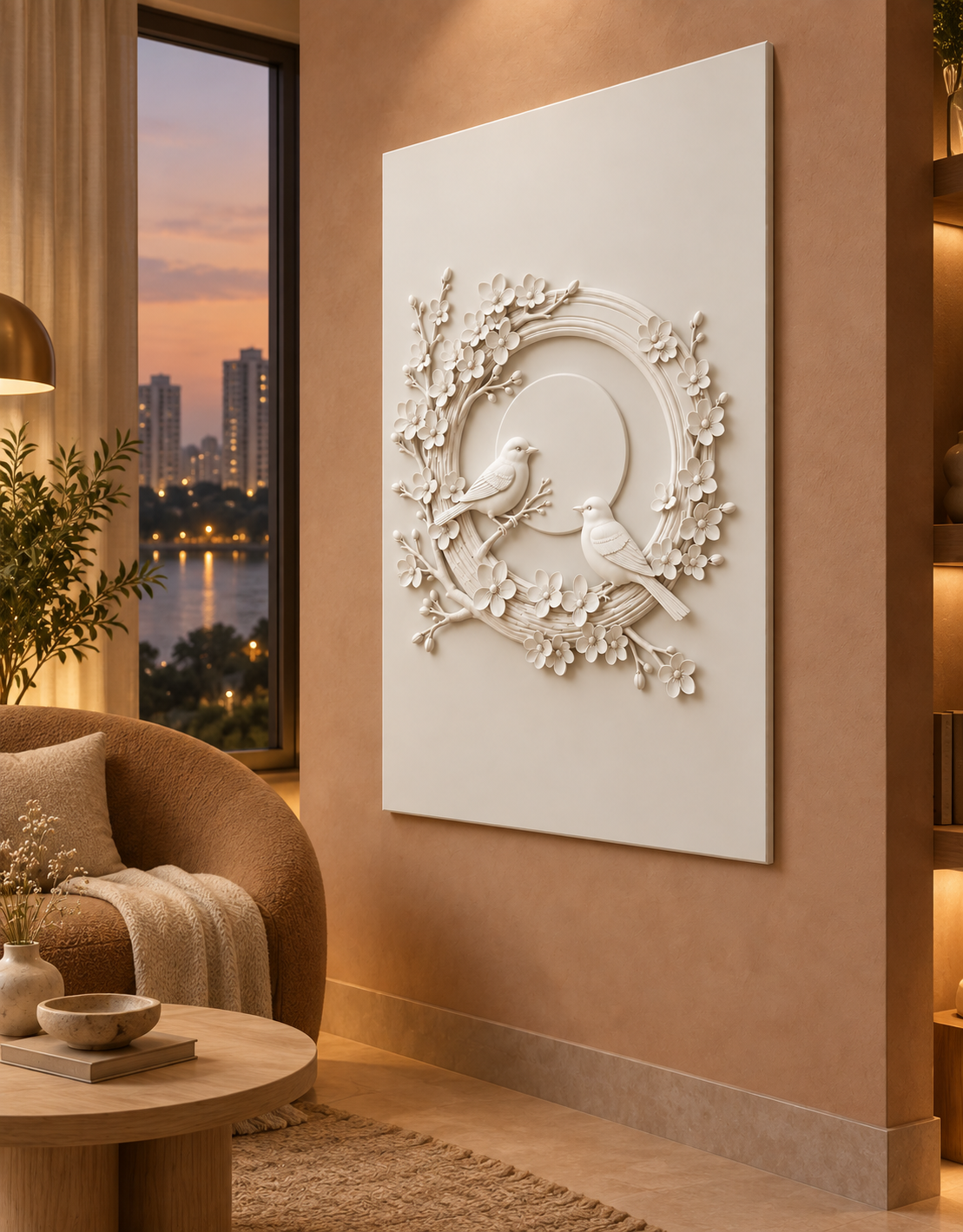 Moonlit Bird Blossom Ring Corian wall panel, right view in a Powai reading corner, with shallow satin white relief