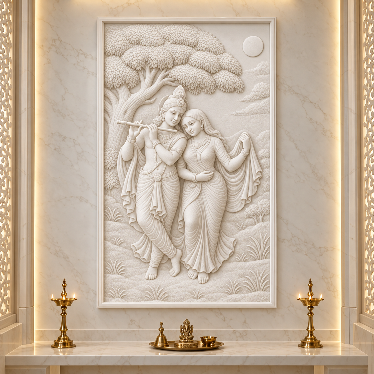 Moonlit Flute Companions Corian wall panel, 2.5 x 4 ft, front view in pooja room, 12–24 mm total depth