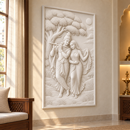 Moonlit Flute Companions Corian wall panel, 2.5 x 4 ft, left view in devotional sitting room, 12–24 mm total depth