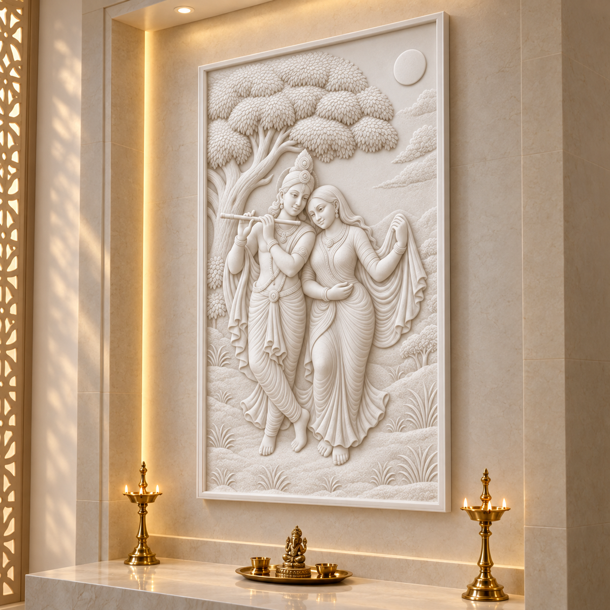 Moonlit Flute Companions Corian wall panel, 2.5 x 4 ft, right view in prayer alcove, 12–24 mm total depth