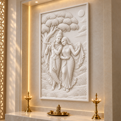 Moonlit Flute Companions Corian wall panel, 2.5 x 4 ft, right view in prayer alcove, 12–24 mm total depth